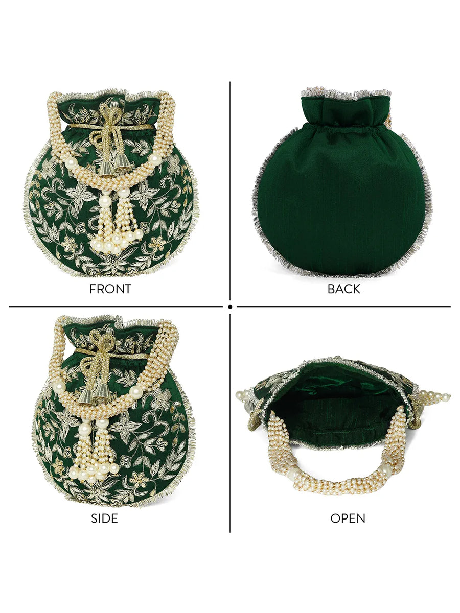 Green potli bag named Embroidered Potli with Floral Charm, featuring artificial beads detailing and soft fabric texture | Peora
