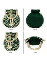 Green potli bag named Embroidered Potli with Floral Charm, featuring artificial beads detailing and soft fabric texture | Peora
