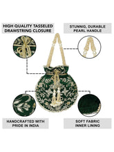 Green potli bag named Embroidered Potli with Floral Charm, featuring artificial beads detailing and soft fabric texture | Peora
