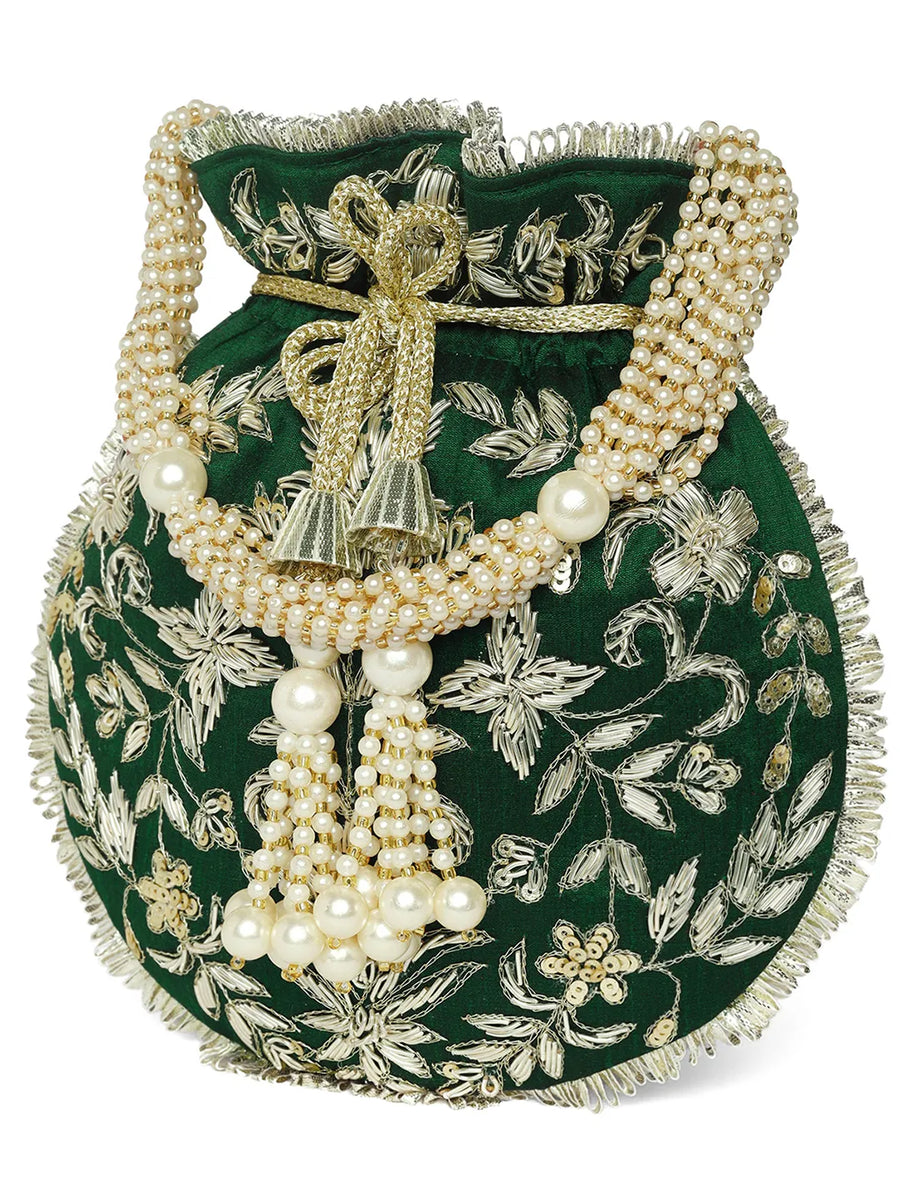 Green potli bag named Embroidered Potli with Floral Charm, featuring artificial beads detailing and soft fabric texture | Peora
