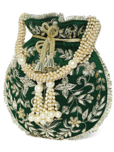 Green potli bag named Embroidered Potli with Floral Charm, featuring artificial beads detailing and soft fabric texture | Peora
