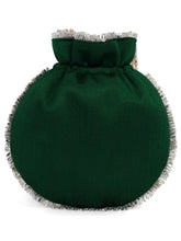 Green potli bag named Embroidered Potli with Floral Charm, featuring artificial beads detailing and soft fabric texture | Peora
