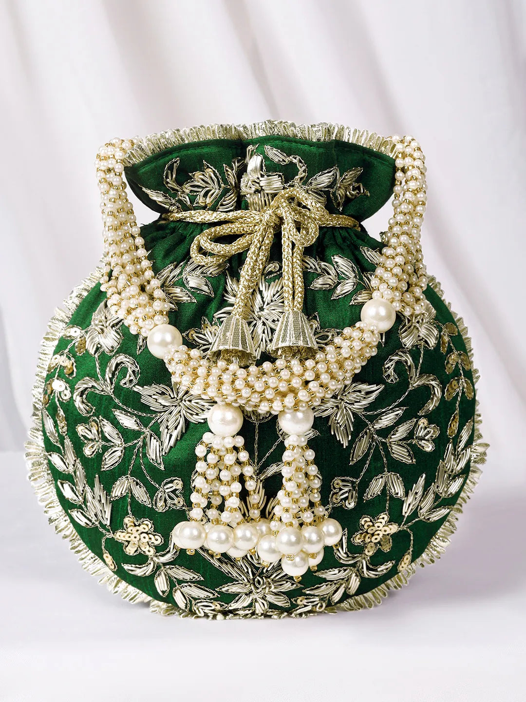Green potli bag named Embroidered Potli with Floral Charm, featuring artificial beads detailing and soft fabric texture | Peora
