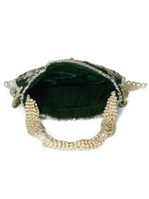 Green potli bag named Embroidered Potli with Floral Charm, featuring artificial beads detailing and soft fabric texture | Peora
