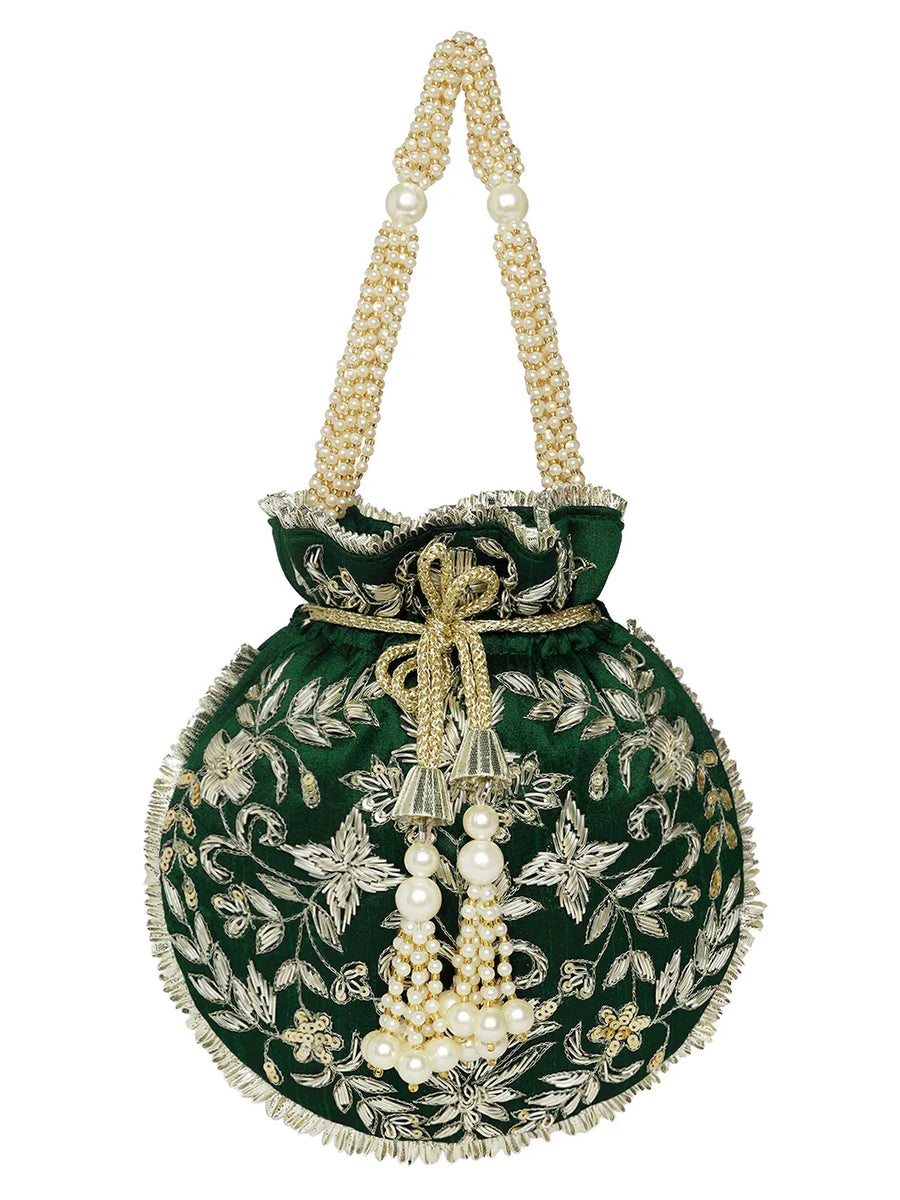 Green potli bag named Embroidered Potli with Floral Charm, featuring artificial beads detailing and soft fabric texture | Peora
