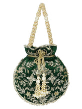 Green potli bag named Embroidered Potli with Floral Charm, featuring artificial beads detailing and soft fabric texture | Peora
