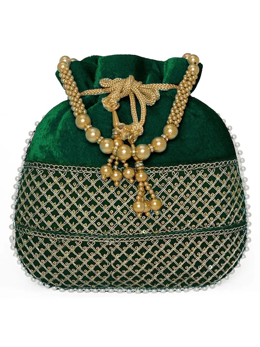Green potli bag named Pearl Trim Zari Bead Potli Bag, featuring artificial beads detailing and soft fabric texture | Peora
