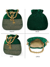 Green potli bag named Pearl Trim Zari Bead Potli Bag, featuring artificial beads detailing and soft fabric texture | Peora
