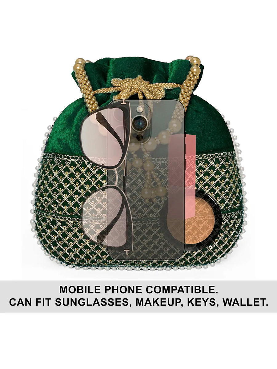 Green potli bag named Pearl Trim Zari Bead Potli Bag, featuring artificial beads detailing and soft fabric texture | Peora
