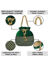 Green potli bag named Pearl Trim Zari Bead Potli Bag, featuring artificial beads detailing and soft fabric texture | Peora
