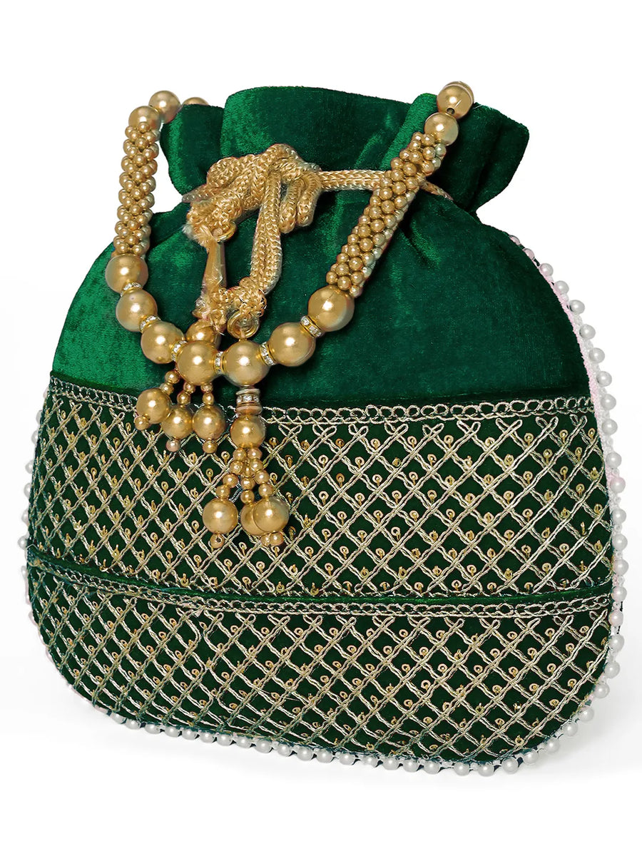 Green potli bag named Pearl Trim Zari Bead Potli Bag, featuring artificial beads detailing and soft fabric texture | Peora
