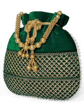 Green potli bag named Pearl Trim Zari Bead Potli Bag, featuring artificial beads detailing and soft fabric texture | Peora
