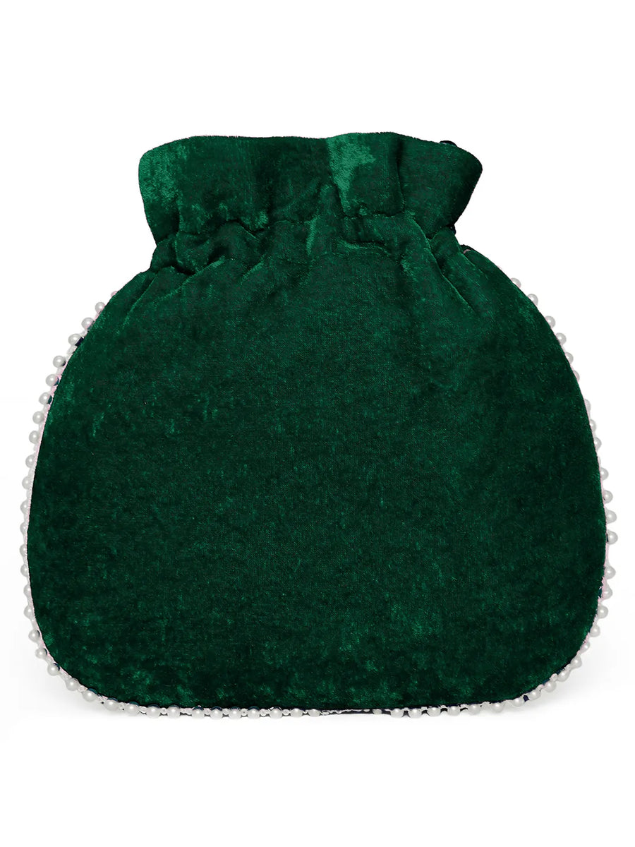 Green potli bag named Pearl Trim Zari Bead Potli Bag, featuring artificial beads detailing and soft fabric texture | Peora
