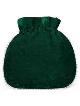 Green potli bag named Pearl Trim Zari Bead Potli Bag, featuring artificial beads detailing and soft fabric texture | Peora
