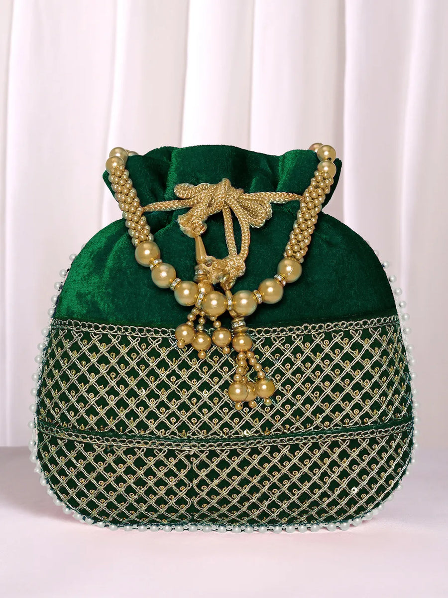 Green potli bag named Pearl Trim Zari Bead Potli Bag, featuring artificial beads detailing and soft fabric texture | Peora
