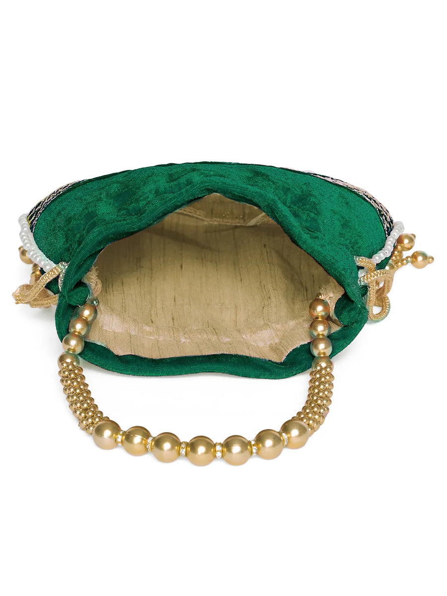 Green potli bag named Pearl Trim Zari Bead Potli Bag, featuring artificial beads detailing and soft fabric texture | Peora
