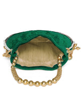 Green potli bag named Pearl Trim Zari Bead Potli Bag, featuring artificial beads detailing and soft fabric texture | Peora
