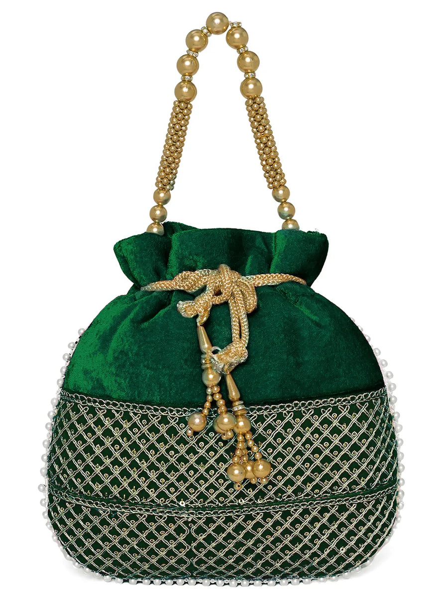 Green potli bag named Pearl Trim Zari Bead Potli Bag, featuring artificial beads detailing and soft fabric texture | Peora
