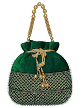 Green potli bag named Pearl Trim Zari Bead Potli Bag, featuring artificial beads detailing and soft fabric texture | Peora
