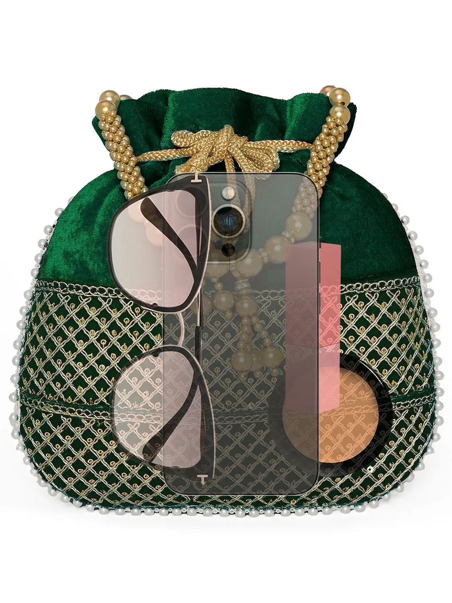 Green potli bag named Pearl Trim Zari Bead Potli Bag, featuring artificial beads detailing and soft fabric texture | Peora
