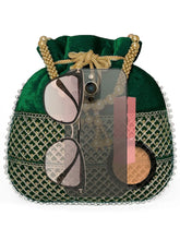 Green potli bag named Pearl Trim Zari Bead Potli Bag, featuring artificial beads detailing and soft fabric texture | Peora
