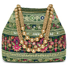 Green potli bag named Floral Threadwork Potli with Bead Handle, featuring artificial beads detailing and soft fabric texture | Peora
