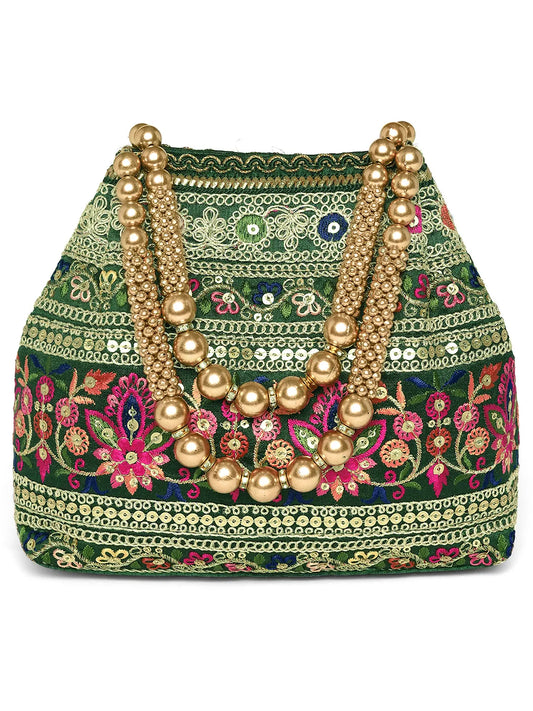 Green potli bag named Floral Threadwork Potli with Bead Handle, featuring artificial beads detailing and soft fabric texture | Peora
