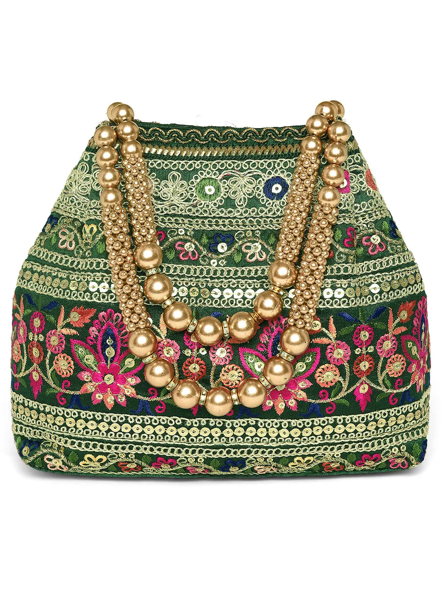 Green potli bag named Floral Threadwork Potli with Bead Handle, featuring artificial beads detailing and soft fabric texture | Peora
