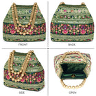 Green potli bag named Floral Threadwork Potli with Bead Handle, featuring artificial beads detailing and soft fabric texture | Peora
