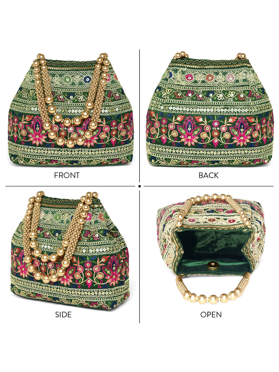 Green potli bag named Floral Threadwork Potli with Bead Handle, featuring artificial beads detailing and soft fabric texture | Peora
