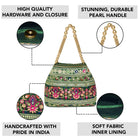 Green potli bag named Floral Threadwork Potli with Bead Handle, featuring artificial beads detailing and soft fabric texture | Peora
