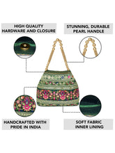 Green potli bag named Floral Threadwork Potli with Bead Handle, featuring artificial beads detailing and soft fabric texture | Peora
