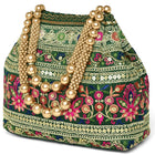 Green potli bag named Floral Threadwork Potli with Bead Handle, featuring artificial beads detailing and soft fabric texture | Peora
