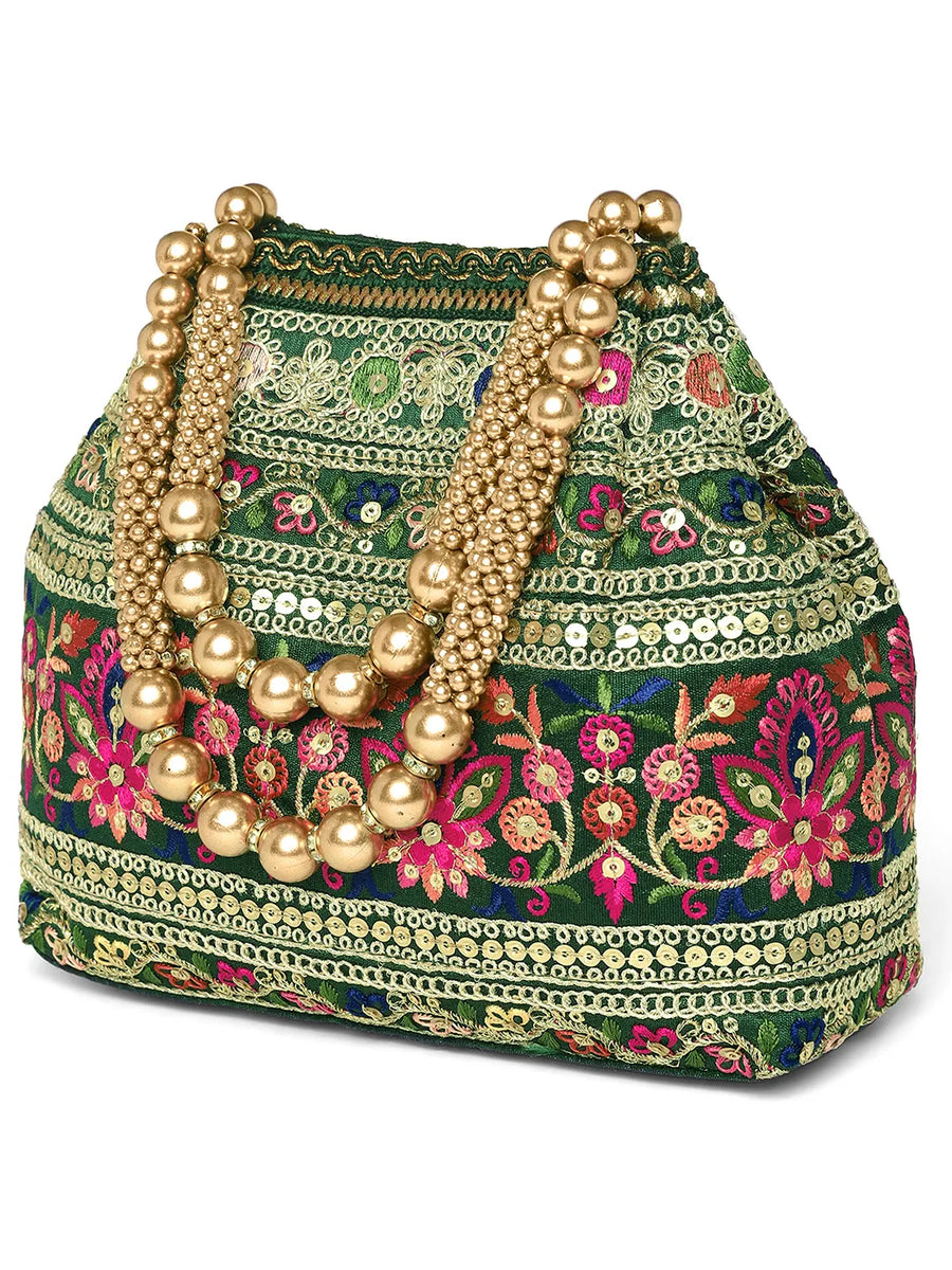 Green potli bag named Floral Threadwork Potli with Bead Handle, featuring artificial beads detailing and soft fabric texture | Peora
