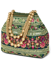 Green potli bag named Floral Threadwork Potli with Bead Handle, featuring artificial beads detailing and soft fabric texture | Peora
