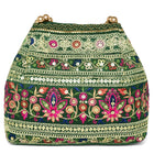 Green potli bag named Floral Threadwork Potli with Bead Handle, featuring artificial beads detailing and soft fabric texture | Peora
