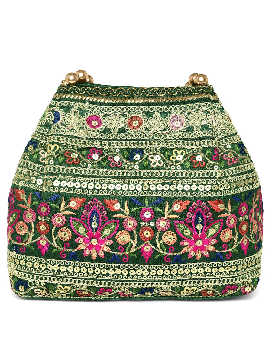 Green potli bag named Floral Threadwork Potli with Bead Handle, featuring artificial beads detailing and soft fabric texture | Peora
