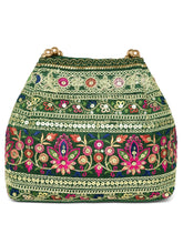 Green potli bag named Floral Threadwork Potli with Bead Handle, featuring artificial beads detailing and soft fabric texture | Peora
