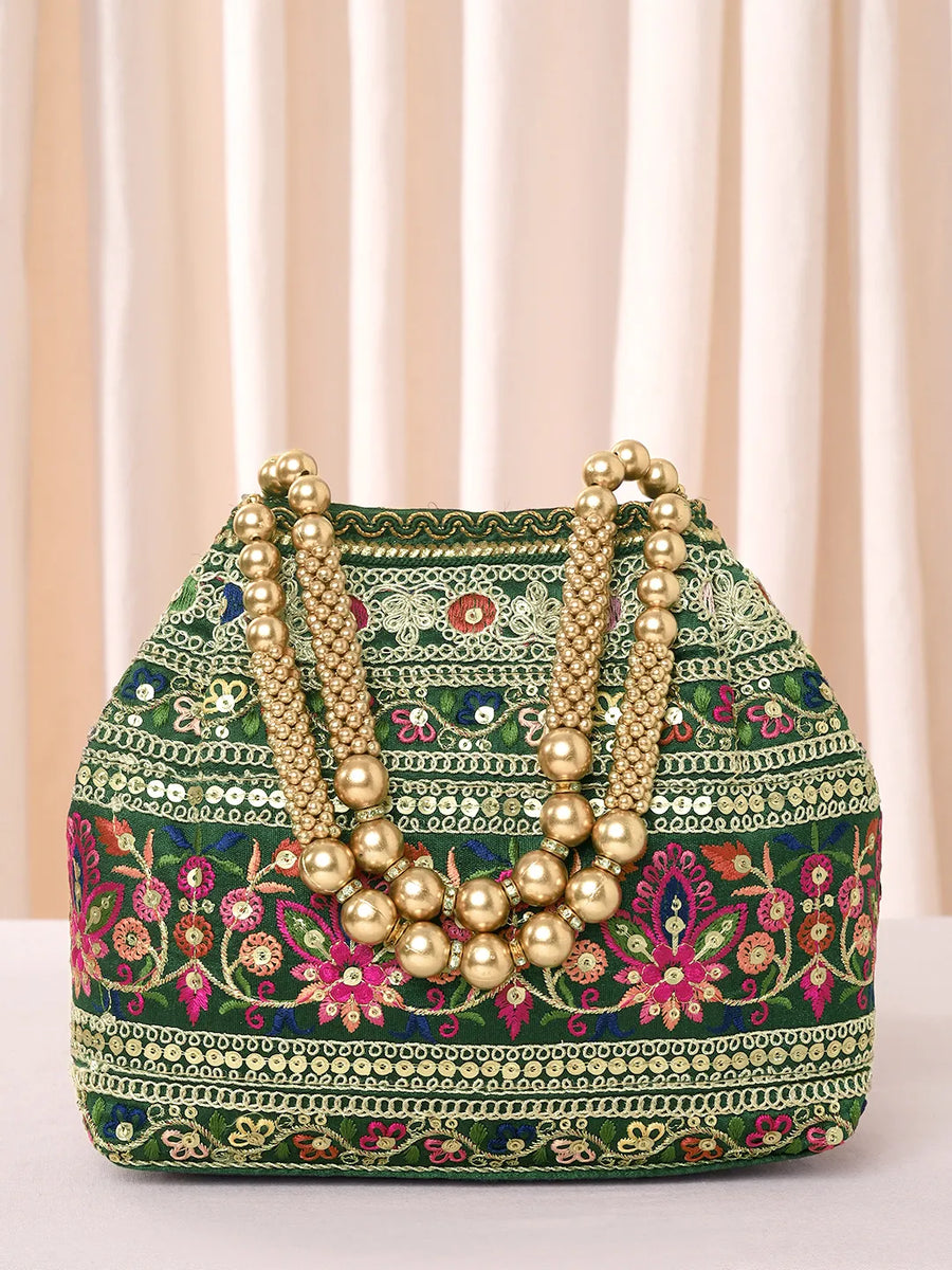 Green potli bag named Floral Threadwork Potli with Bead Handle, featuring artificial beads detailing and soft fabric texture | Peora
