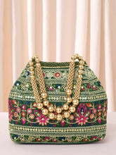 Green potli bag named Floral Threadwork Potli with Bead Handle, featuring artificial beads detailing and soft fabric texture | Peora

