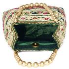 Green potli bag named Floral Threadwork Potli with Bead Handle, featuring artificial beads detailing and soft fabric texture | Peora
