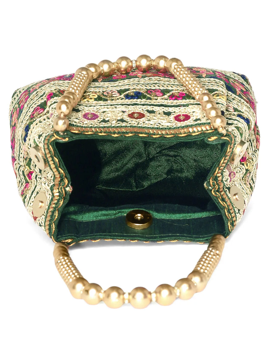 Green potli bag named Floral Threadwork Potli with Bead Handle, featuring artificial beads detailing and soft fabric texture | Peora
