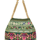 Green potli bag named Floral Threadwork Potli with Bead Handle, featuring artificial beads detailing and soft fabric texture | Peora
