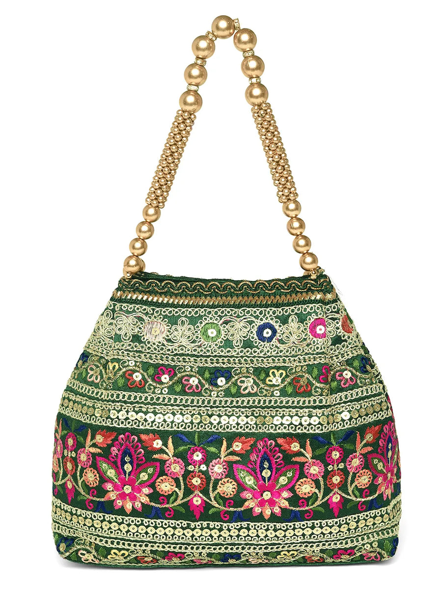 Green potli bag named Floral Threadwork Potli with Bead Handle, featuring artificial beads detailing and soft fabric texture | Peora
