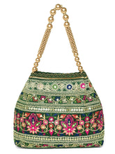 Green potli bag named Floral Threadwork Potli with Bead Handle, featuring artificial beads detailing and soft fabric texture | Peora
