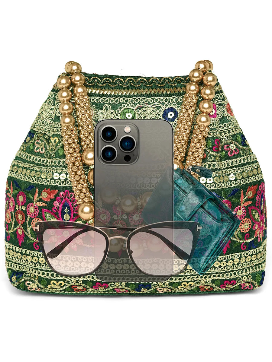 Green potli bag named Floral Threadwork Potli with Bead Handle, featuring artificial beads detailing and soft fabric texture | Peora
