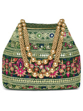Green potli bag named Floral Threadwork Potli with Bead Handle, featuring artificial beads detailing and soft fabric texture | Peora
