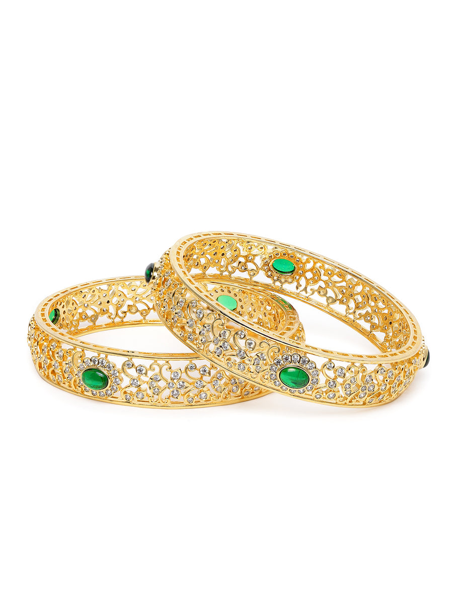 Ornate Filigree Style Kada Set in Gold - Green featuring Crystals bangle set 
