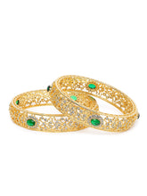 Ornate Filigree Style Kada Set in Gold - Green featuring Crystals bangle set 
