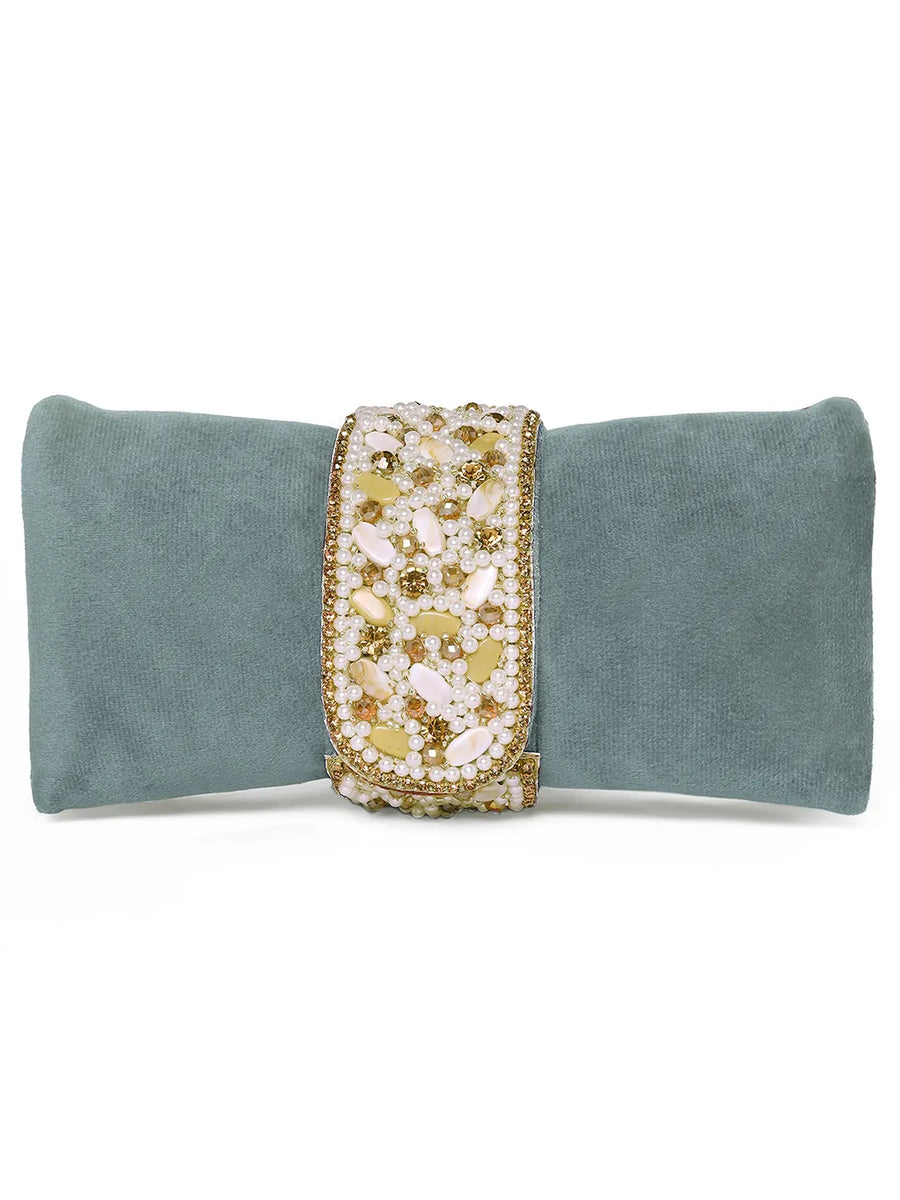 Grey clutch bag named Clutch Bags Crafted for Elegance, featuring pearl detailing and soft fabric texture | Peora
